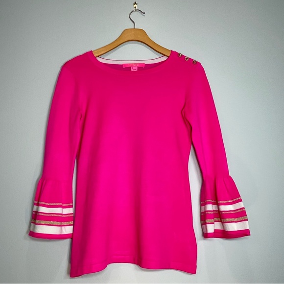 Lilly Pulitzer Tops - Lilly Pulitzer Women’s Pink Called Sweater Ruffle Cuff Gold Buttons Size X-Small
